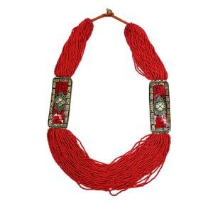 Multistrand Statement Necklace Orange Seed Bead Gold Tone Metal Plates Tribal